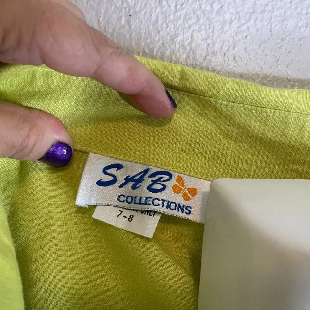 SAB Collections 100% Linen Lime Green 2 Piece Shirt Pants Set Size 7/8